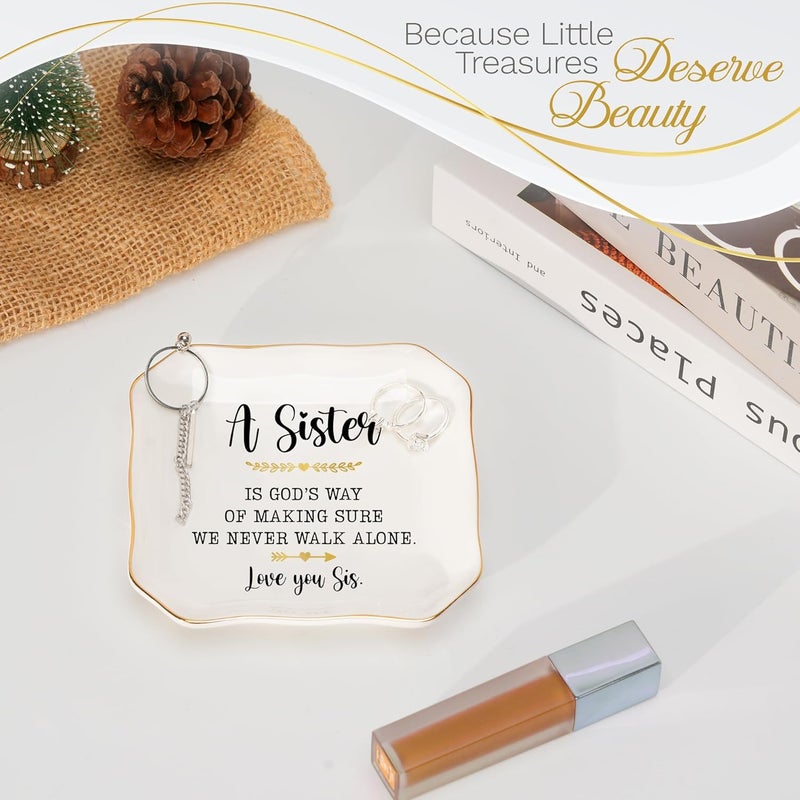 HEXMOZ Sister Birthday Gifts - Sister Valentines Day Gift Ideas for Women, Older Sisters Adult, Big Sis, Little Sis, Sister-in-Law - We Never Walk Alone 4.5"X4.5" Ceramic Jewelry Dish Tray Keepsake - Image 5